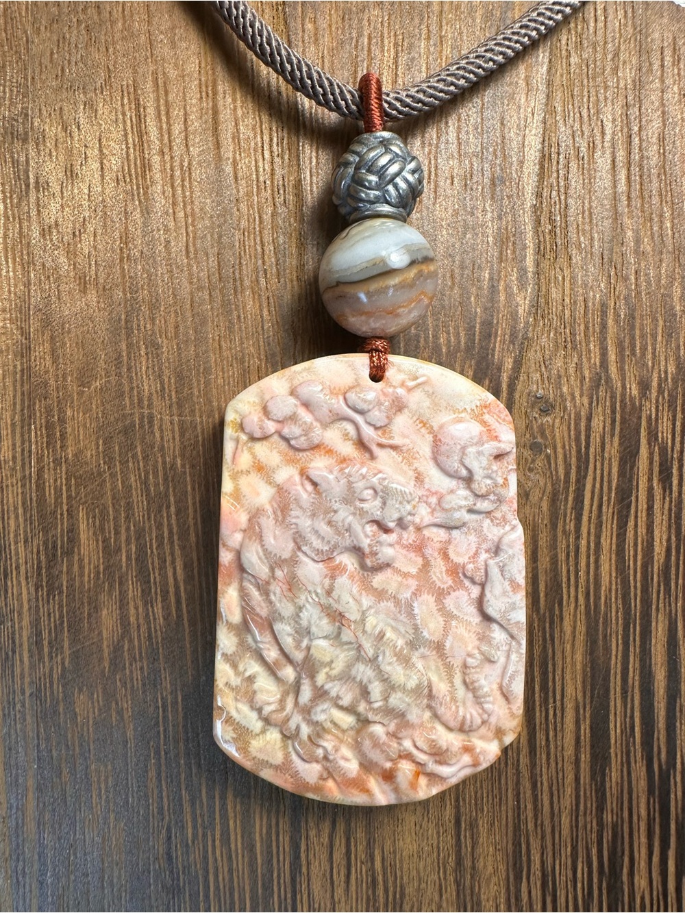 Coral Fossil Tiger Pendant Necklace on Light Brown Adjustable Rope - Picture 16 of 16